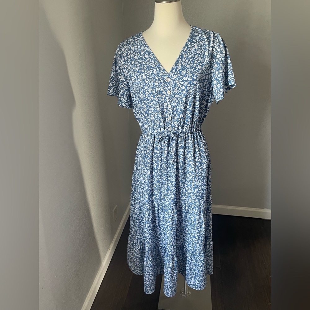 Blue Floral Dress with Drawstring Waist